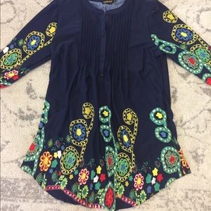 Navy tunic, bright floral print